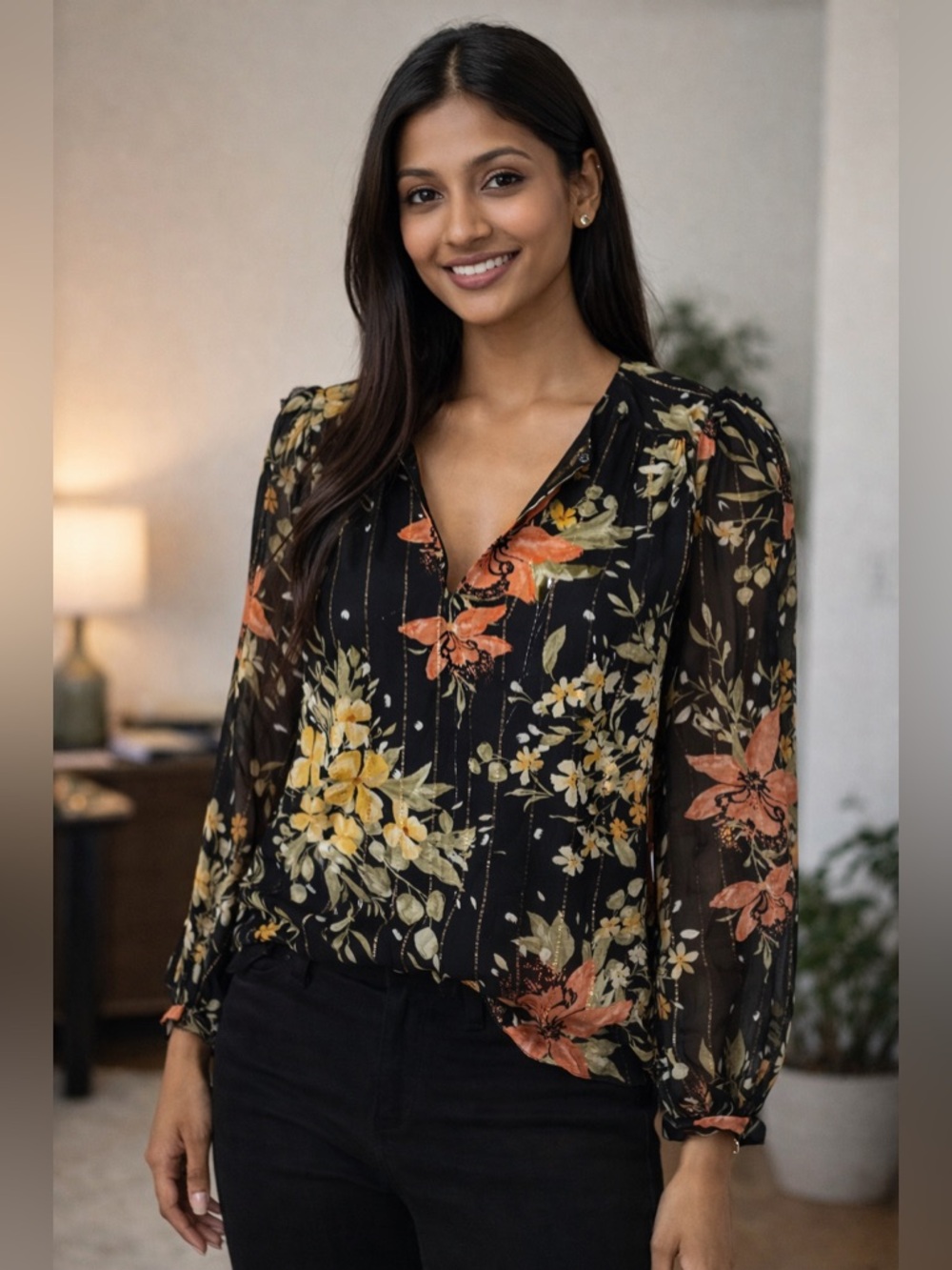 Joie Albany Silk Floral Blouse Black Sheer Long Sleeve XS